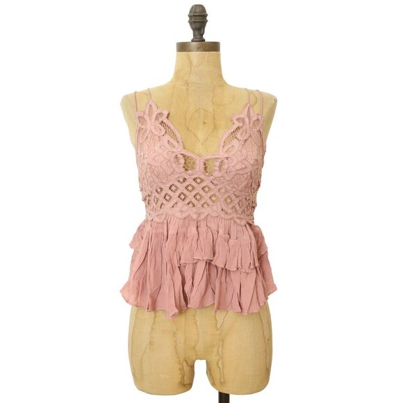 Free People Intimately Adella Cami S Mauve Pink Lace Tiered Peplum Crop NWT B85 - Picture 2 of 6